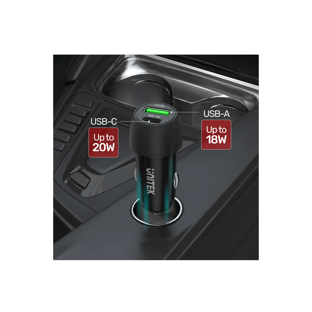 Unitek Powertrain Duo 38W Two Ports Car Charger with PD and QC in Qatar Unitek Powertrain Duo 38W Two Ports Car Charger with PD and QC in Qatar